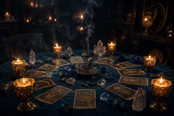 Mesa com cartas de Tarot, velas e elementos espirituais